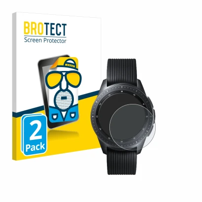 Front side of a product packaging with the brand logo BROTECT. Next to it is the device Samsung Galaxy Watch (42 mm) shown wit