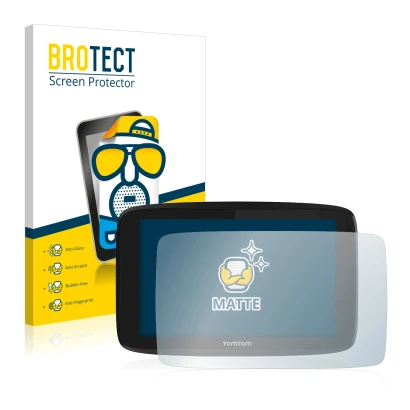 Front side of a product packaging with the brand logo BROTECT. Next to it is the device TomTom GO Essential 6" shown with the
