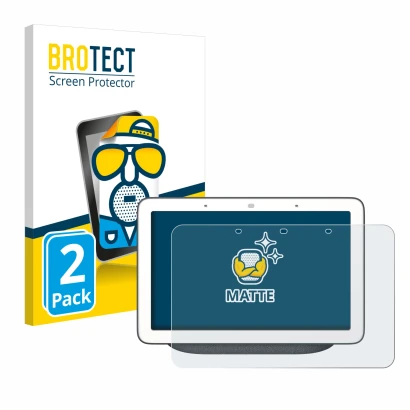 Front side of a product packaging with the brand logo BROTECT. Next to it is the device Google Home Hub shown with the corresp