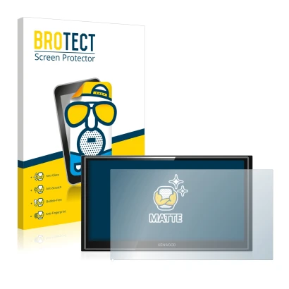 Front side of a product packaging with the brand logo BROTECT. Next to it is the device Kenwood DMX7018DABS shown with the cor