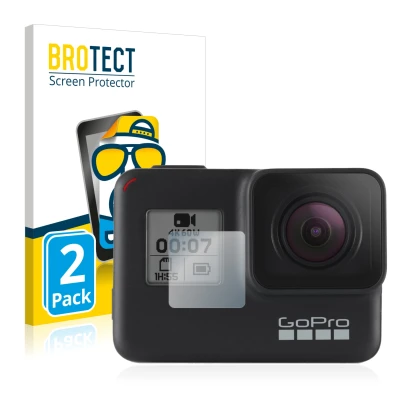 Front side of a product packaging with the brand logo BROTECT. Next to it is the device GoPro Hero 7 Black (Front display) sho