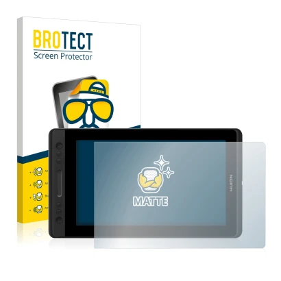 Front side of a product packaging with the brand logo BROTECT. Next to it is the device Huion Kamvas Pro 13 shown with the cor