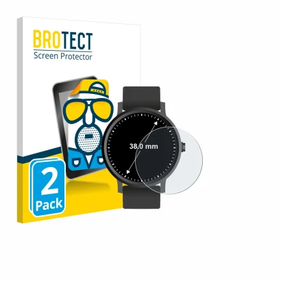 Front side of a product packaging with the brand logo BROTECT. Next to it is the device Circular Displays (ø: 38 mm) shown wit