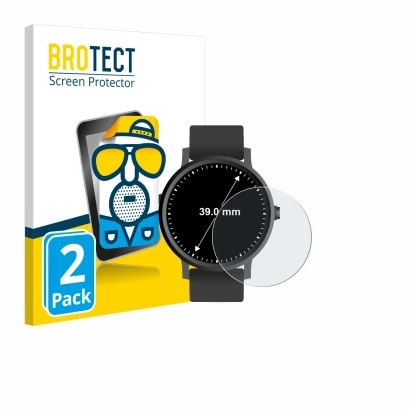 Front side of a product packaging with the brand logo BROTECT. Next to it is the device Circular Displays (ø: 39 mm) shown wit