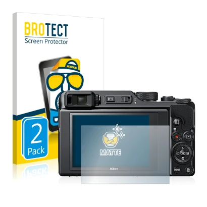 Front side of a product packaging with the brand logo BROTECT. Next to it is the device Nikon Coolpix A1000 shown with the cor