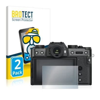 Front side of a product packaging with the brand logo BROTECT. Next to it is the device Fujifilm X-T30 shown with the correspo