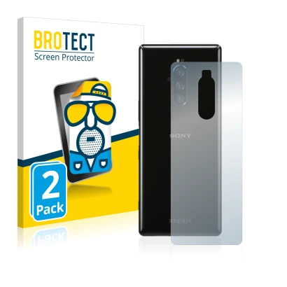 Front side of a product packaging with the brand logo BROTECT. Next to it is the device Sony Xperia 1 (Back) shown with the co