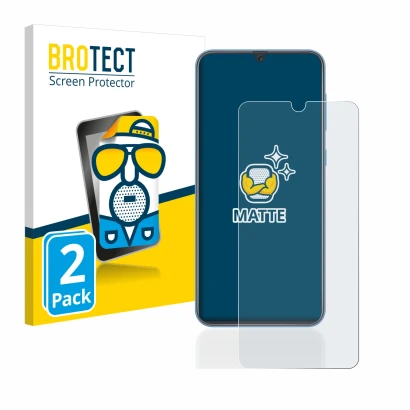 Front side of a product packaging with the brand logo BROTECT. Next to it is the device Samsung Galaxy A40 shown with the corr