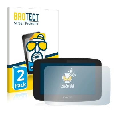 Front side of a product packaging with the brand logo BROTECT. Next to it is the device TomTom GO Essential (5") shown with th