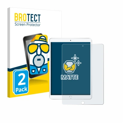 Front side of a product packaging with the brand logo BROTECT. Next to it is the device Apple iPad Air 2019 (3th Gen.) shown w