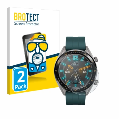 Front side of a product packaging with the brand logo BROTECT. Next to it is the device Huawei Watch GT Active shown with the 