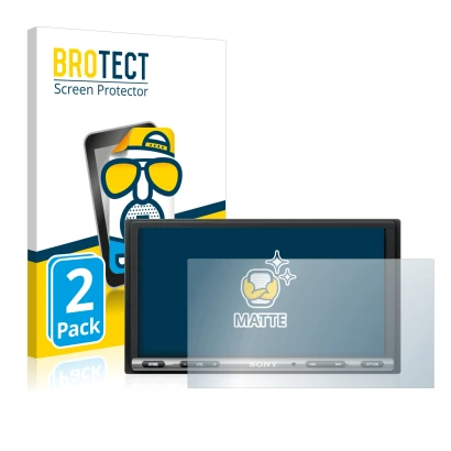 Front side of a product packaging with the brand logo BROTECT. Next to it is the device Sony XAV-AX3005DB shown with the corre