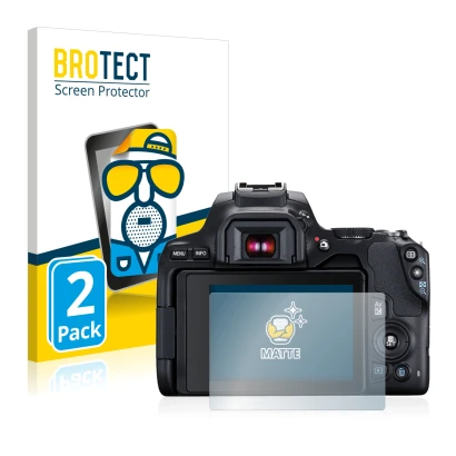 Front side of a product packaging with the brand logo BROTECT. Next to it is the device Canon EOS 250D shown with the correspo