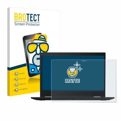 Front side of a product packaging with the brand logo BROTECT. Next to it is the device Lenovo ThinkPad X390 Yoga shown with t