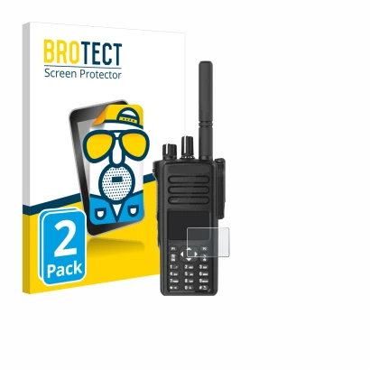 Front side of a product packaging with the brand logo BROTECT. Next to it is the device Motorola DP4801e shown with the corres