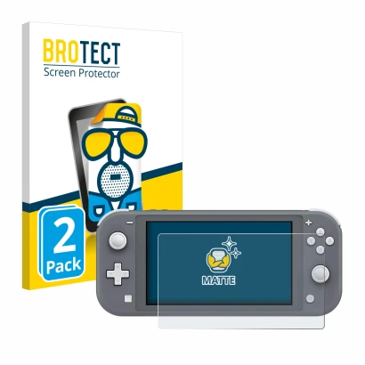 Front side of a product packaging with the brand logo BROTECT. Next to it is the device Nintendo Switch Lite shown with the co
