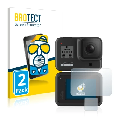 Front side of a product packaging with the brand logo BROTECT. Next to it is the device GoPro Hero 8 Black shown with the corr