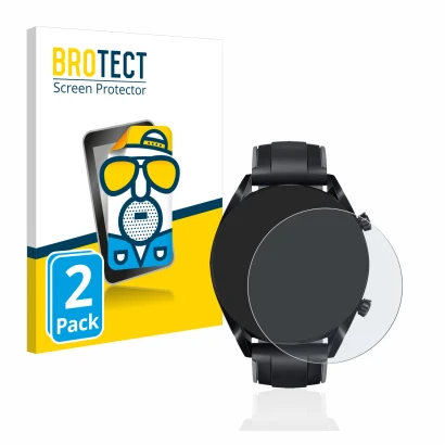 Front side of a product packaging with the brand logo BROTECT. Next to it is the device Huawei Watch GT 2 (46 mm) shown with t