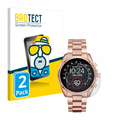 Front side of a product packaging with the brand logo BROTECT. Next to it is the device Michael Kors Access Bradshaw 2 shown w