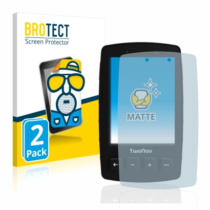 Front side of a product packaging with the brand logo BROTECT. Next to it is the device TwoNav Trail 2 Bike shown with the cor