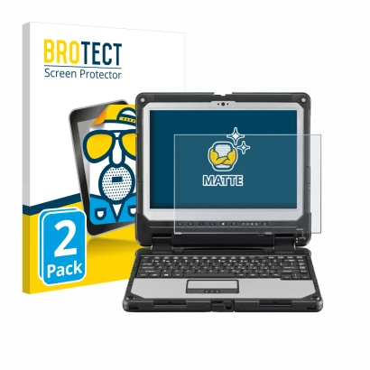 Front side of a product packaging with the brand logo BROTECT. Next to it is the device Panasonic Toughbook CF-33 shown with t