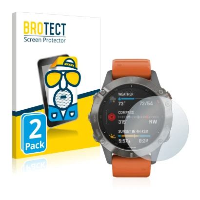 Front side of a product packaging with the brand logo BROTECT. Next to it is the device Garmin Fenix 6 shown with the correspo