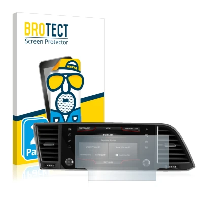 Front side of a product packaging with the brand logo BROTECT. Next to it is the device Seat Ateca 2020 Media System 6.5" show
