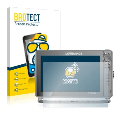 Front side of a product packaging with the brand logo BROTECT. Next to it is the device Lowrance HDS Live 12" shown with the c