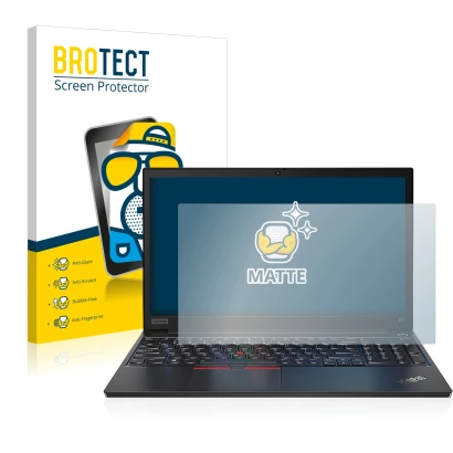 Front side of a product packaging with the brand logo BROTECT. Next to it is the device Lenovo ThinkPad E14 Gen 2 shown with t