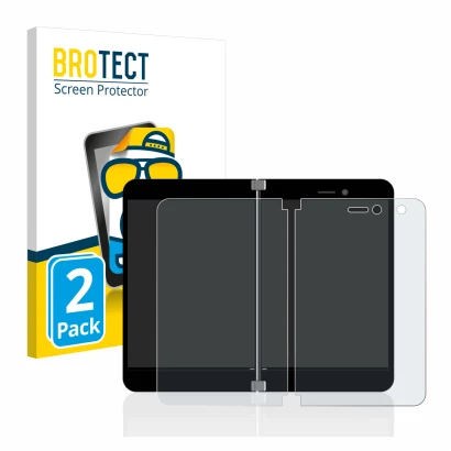 Front side of a product packaging with the brand logo BROTECT. Next to it is the device Microsoft Surface Duo shown with the c