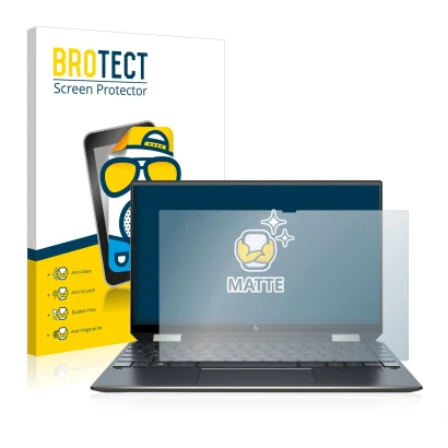 Front side of a product packaging with the brand logo BROTECT. Next to it is the device HP Spectre x360 13-aw0000ns shown with