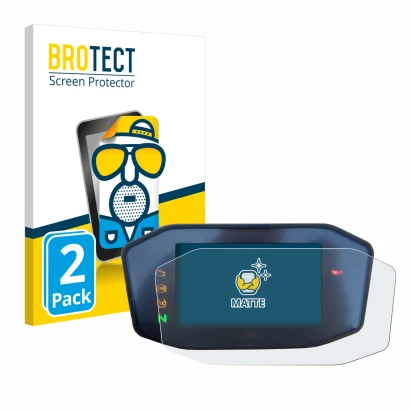 Front side of a product packaging with the brand logo BROTECT. Next to it is the device KTM 890 Duke R 2020 TFT Screen shown w