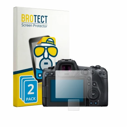 Front side of a product packaging with the brand logo BROTECT. Next to it is the device Canon EOS R5 shown with the correspond