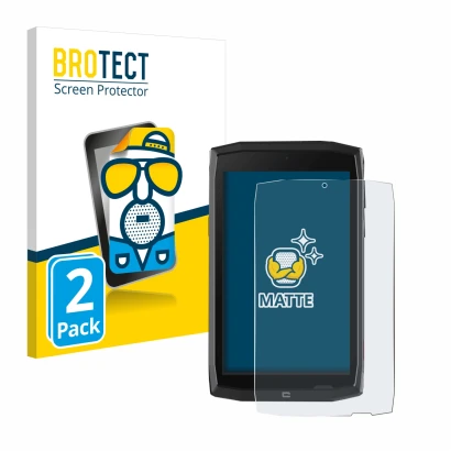 Front side of a product packaging with the brand logo BROTECT. Next to it is the device Crosscall Core T4 shown with the corre