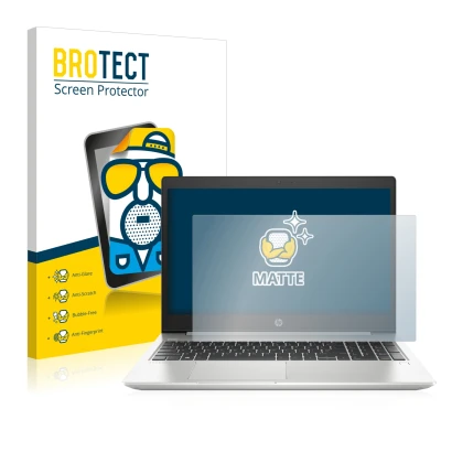 Front side of a product packaging with the brand logo BROTECT. Next to it is the device HP ProBook 450 G6 shown with the corre