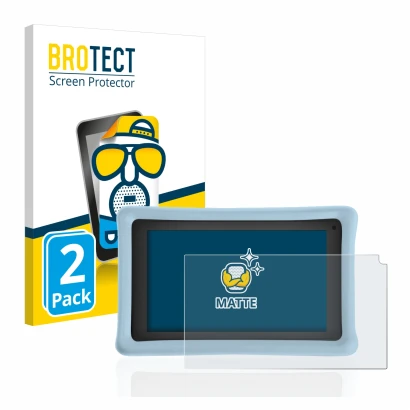 Front side of a product packaging with the brand logo BROTECT. Next to it is the device Pebble Gear 7" Kids Tablet shown with 