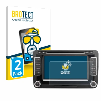 Front side of a product packaging with the brand logo BROTECT. Next to it is the device Volkswagen Eos 2011 RNS 510 6.5" shown