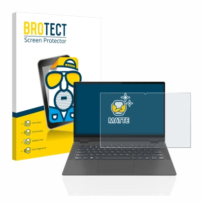 Front side of a product packaging with the brand logo BROTECT. Next to it is the device Lenovo IdeaPad Flex 5 14" 2020 shown w