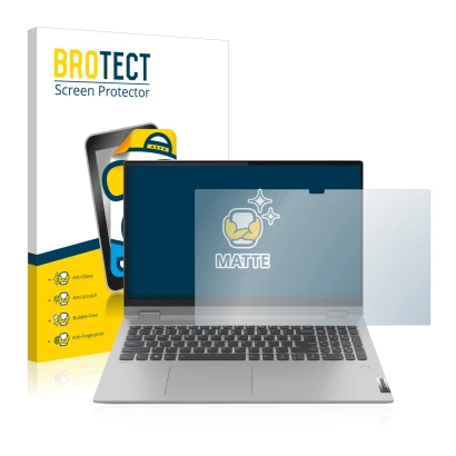 Front side of a product packaging with the brand logo BROTECT. Next to it is the device Lenovo IdeaPad Flex 5 15" shown with t