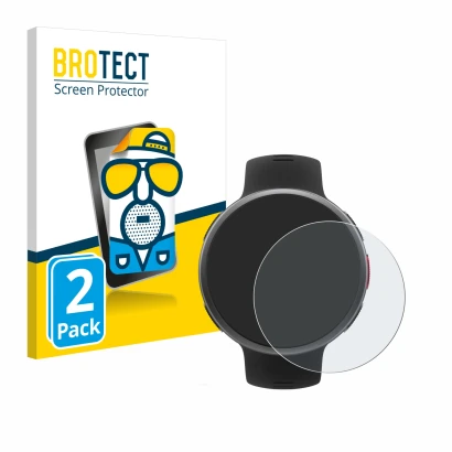 Front side of a product packaging with the brand logo BROTECT. Next to it is the device Polar Vantage V2 shown with the corres