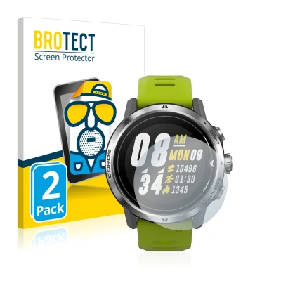 Front side of a product packaging with the brand logo BROTECT. Next to it is the device Coros Apex Pro shown with the correspo