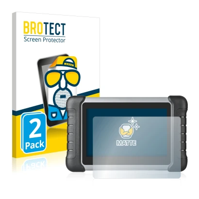 Front side of a product packaging with the brand logo BROTECT. Next to it is the device Autel MaxiCOM MK808 shown with the cor