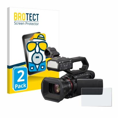 Front side of a product packaging with the brand logo BROTECT. Next to it is the device Panasonic HC-X2000 shown with the corr