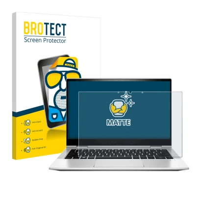 Front side of a product packaging with the brand logo BROTECT. Next to it is the device HP EliteBook x360 830 G8 shown with th
