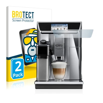 Front side of a product packaging with the brand logo BROTECT. Next to it is the device DeLonghi PrimaDonna Elite Experience E