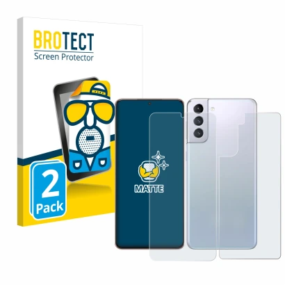 Front side of a product packaging with the brand logo BROTECT. Next to it is the device Samsung Galaxy S21 Plus 5G (Front+Back