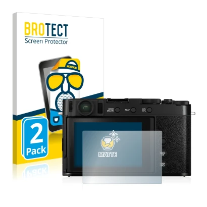 Front side of a product packaging with the brand logo BROTECT. Next to it is the device Fujifilm X-E4 shown with the correspon