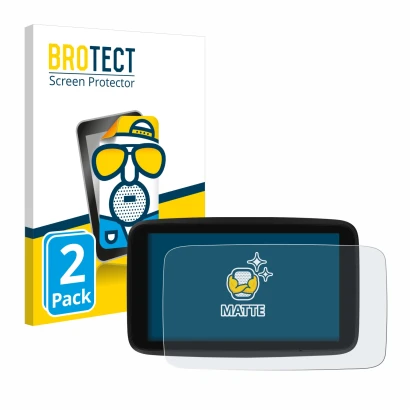 Front side of a product packaging with the brand logo BROTECT. Next to it is the device TomTom GO Discover 7" shown with the c