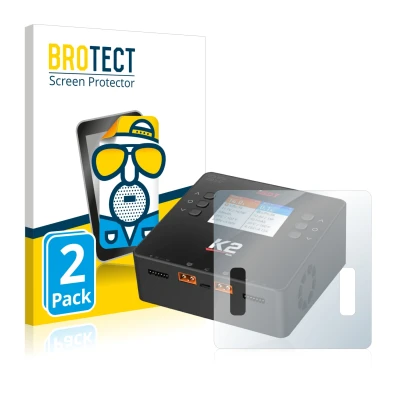 Front side of a product packaging with the brand logo BROTECT. Next to it is the device ISDT Smart Duo Charger K2 shown with t