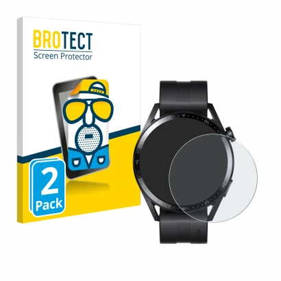 Front side of a product packaging with the brand logo BROTECT. Next to it is the device Huawei Watch GT 3 (46 mm) shown with t